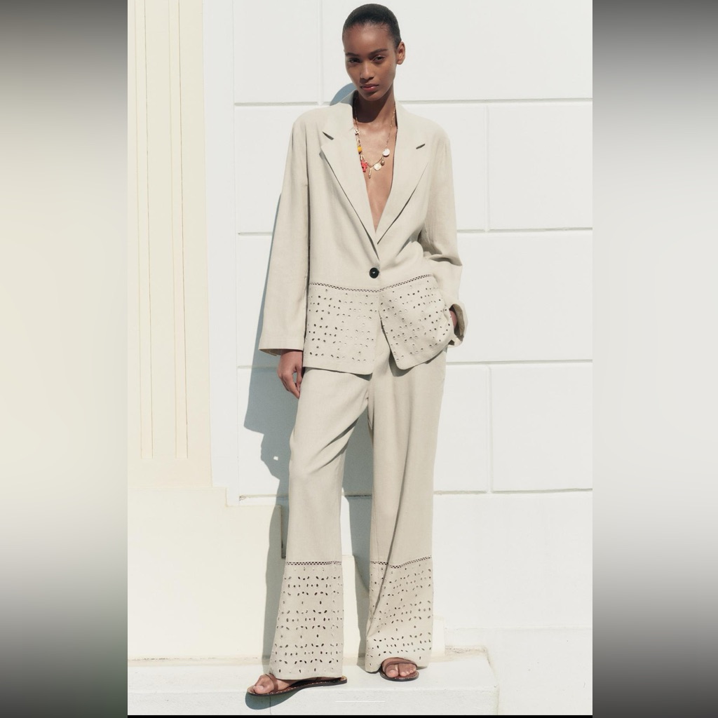 Zara Linen Blend Embroidered Eyelets Blazer